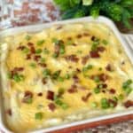 A pan of loaded mashed potatoes.