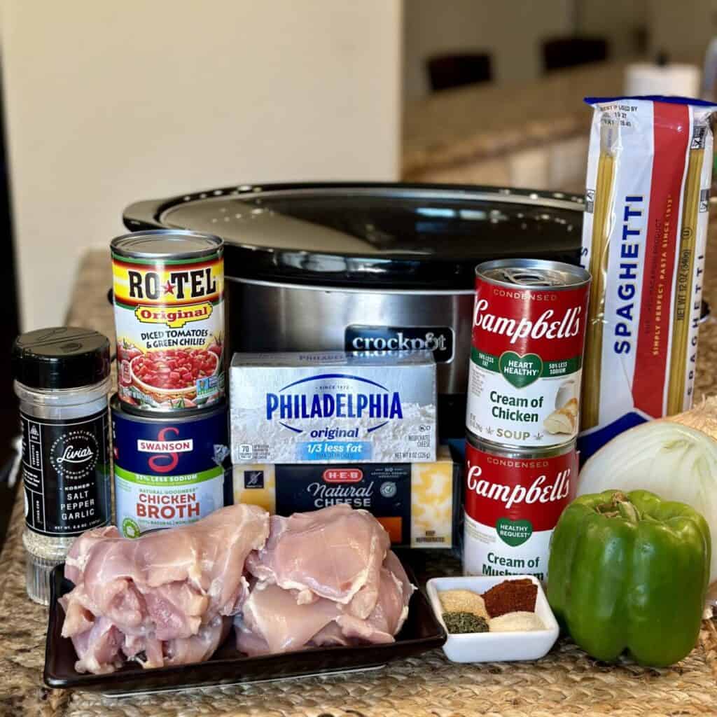 The ingredients to make crock pot chicken spaghetti.