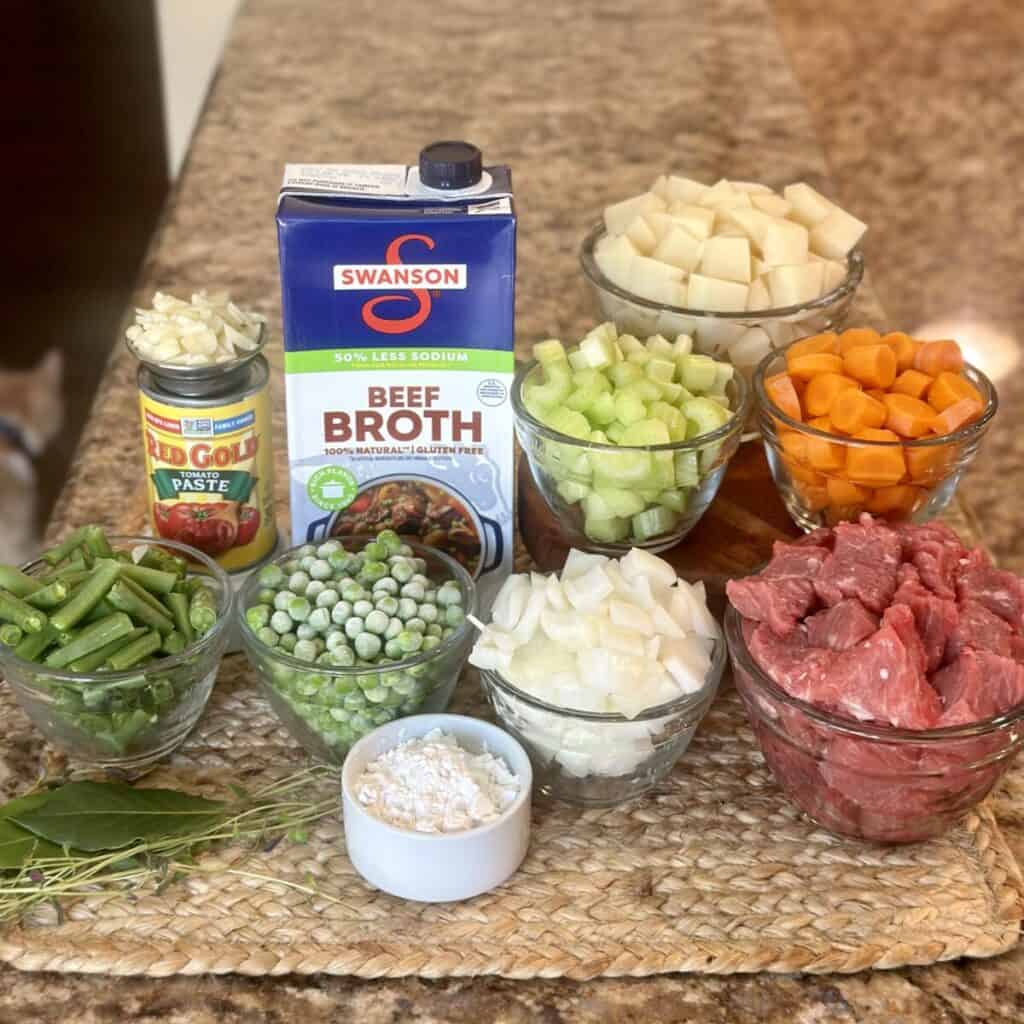 The ingredients to make vegetable beef stew.