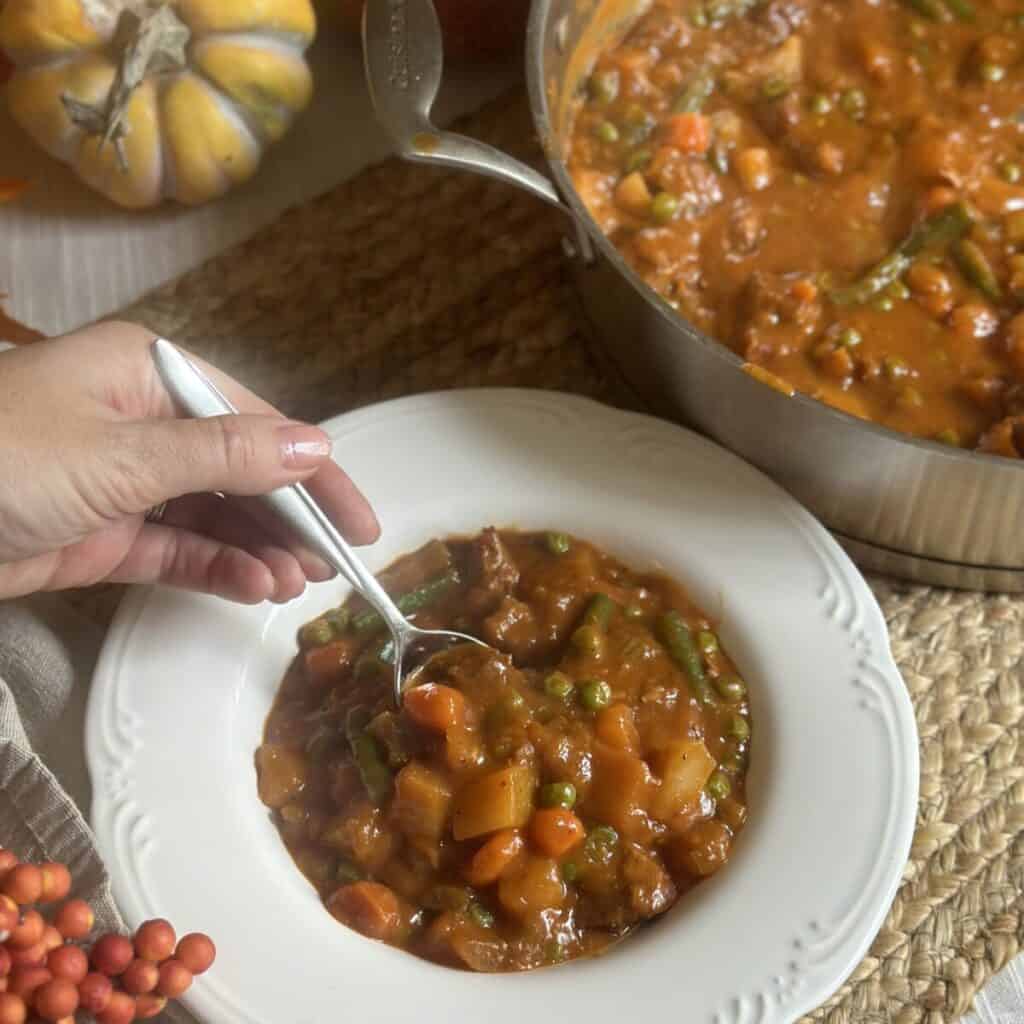 A spoon in a bowl of vegetable beef soup.