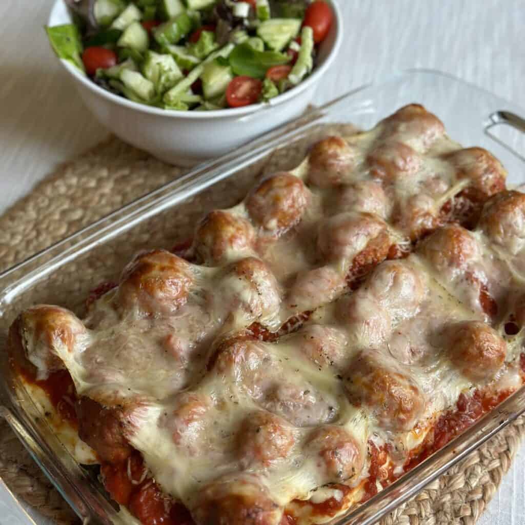 A pan of meatball casserole.