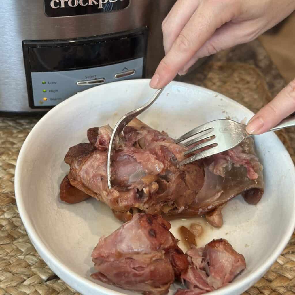 Shredding ham from ham hocks in a bowl.