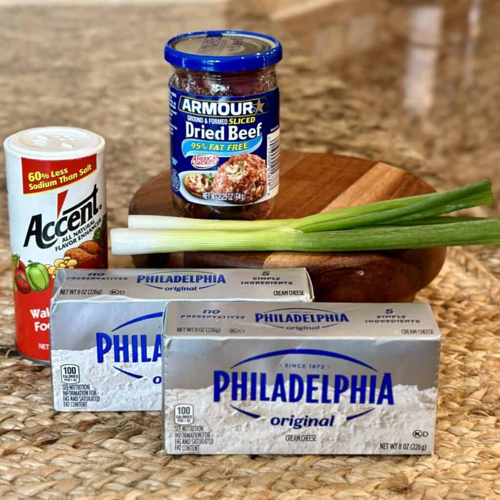 The ingredients to make a chipped beef cheeseball.