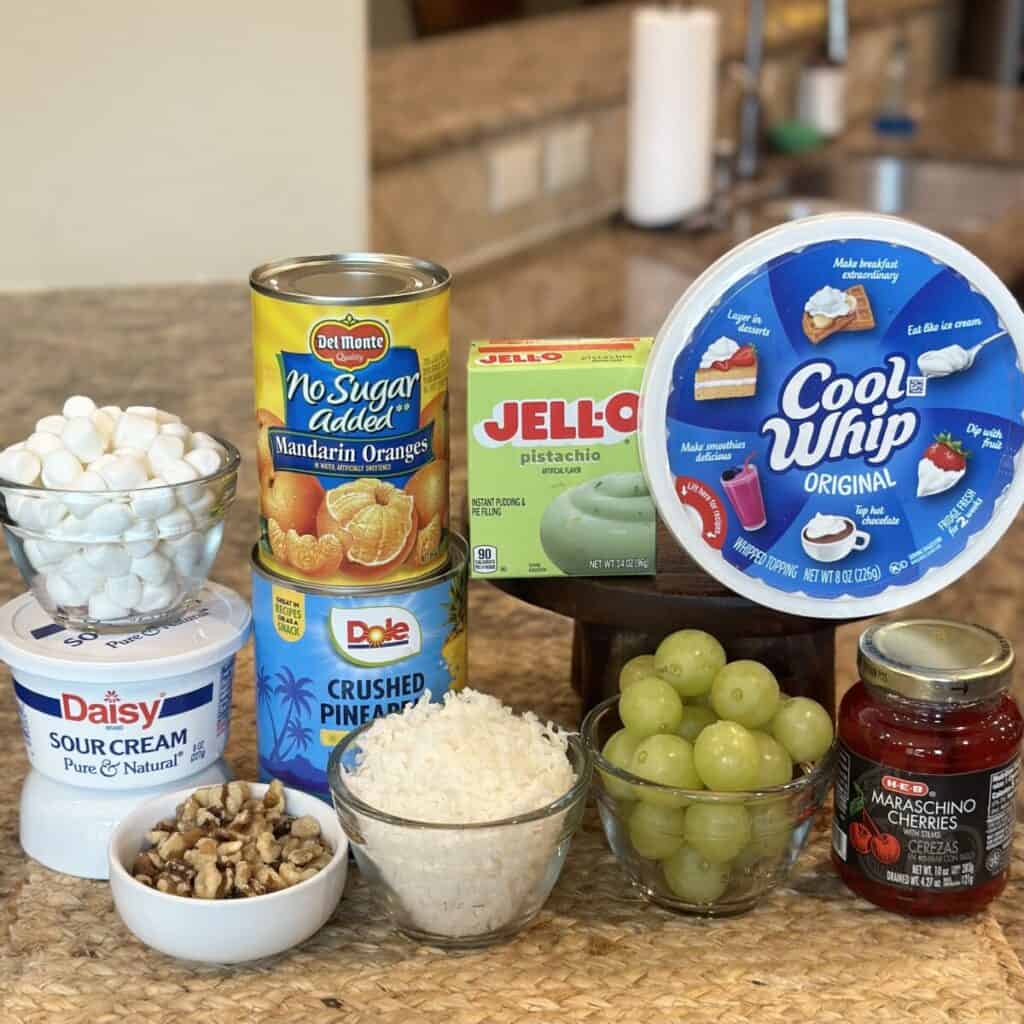 The ingredients to make pistachio ambrosia salad.