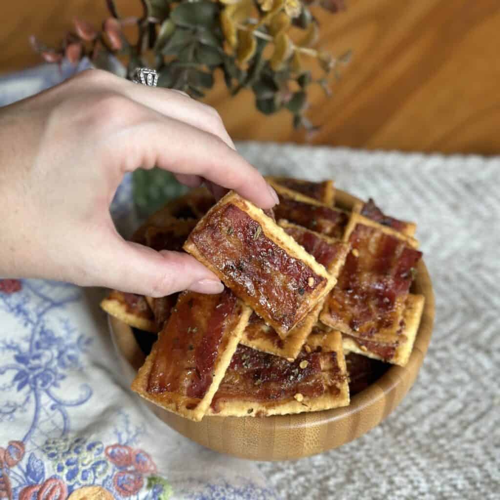 Bacon crackers in a bowl.